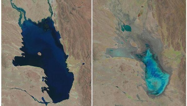 Озеро Поопо, Боливия. Октябрь 1986 слева и январь 2016 справа