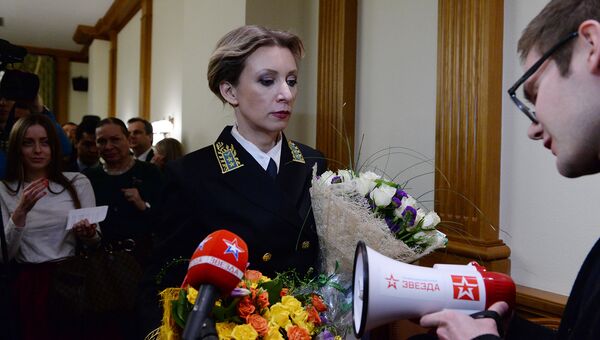 Официальный представитель министерства иностранных дел России Мария Захарова после брифинга по текущим вопросам внешней политики