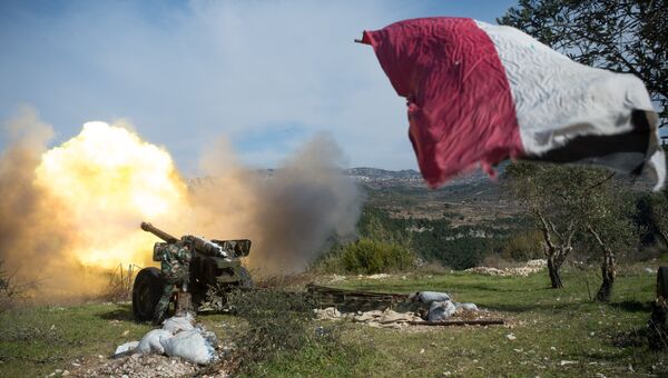 Артиллеристы сирийской армии ведут стрельбу на позициях в провинции Идлиб. Архивное фото