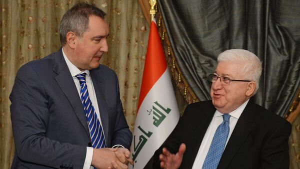 Заместитель председателя правительства Российской Федерации Дмитрий Рогозин и президент Республики Ирак Фуад Масум