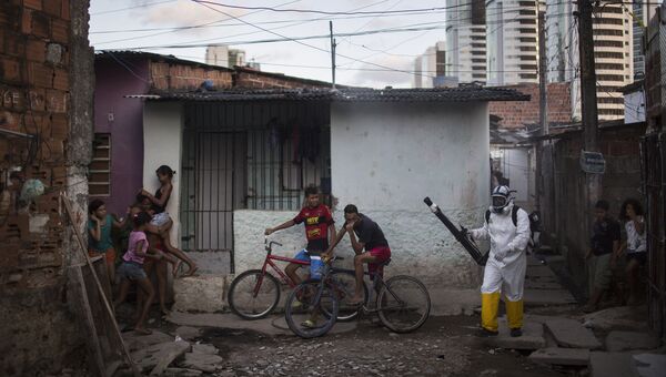 Медицинский работник распыляет инсектициды в жилом квартале в Ресифи, Бразилия. Архивное фото