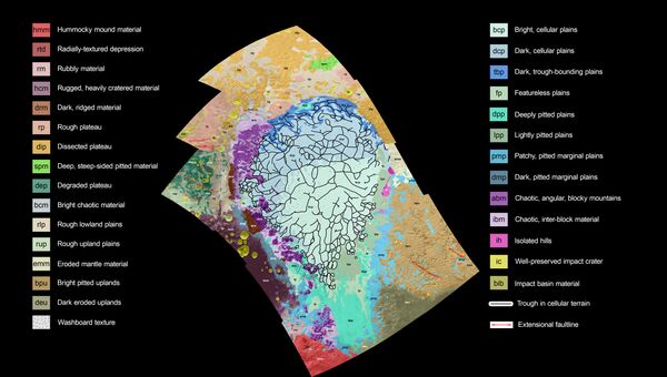 Геологическая карта равнин Спутника, левой половинки сердца Плутона