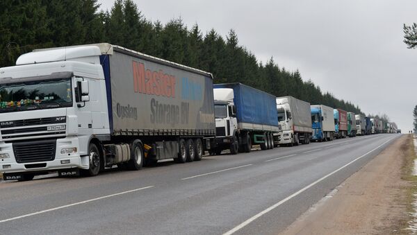 Российские грузовики в очереди на пересечении границы. Архивное фото