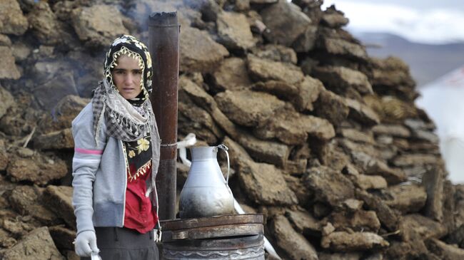 Девушка готовит еду в разрушенной землетрясением курдской деревне. Архивное фото
