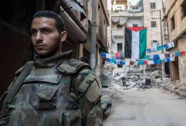 Военнослужащий Сирийской Арабской армии в жилом квартале города Алеппо