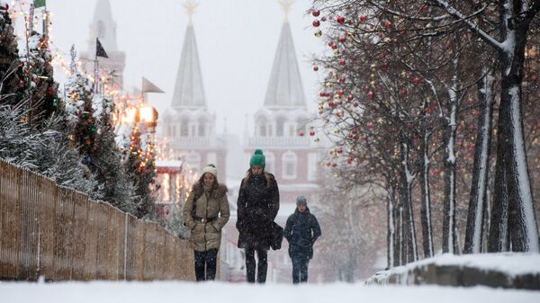 Прохожие во время снегопада в Москве