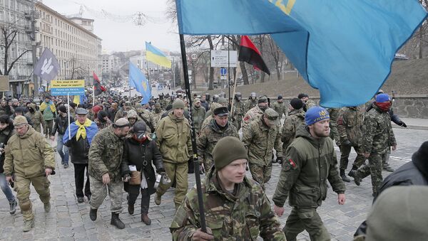 Украинские радикалы около офиса Сбербанка в Киеве. 20 февраля 2016