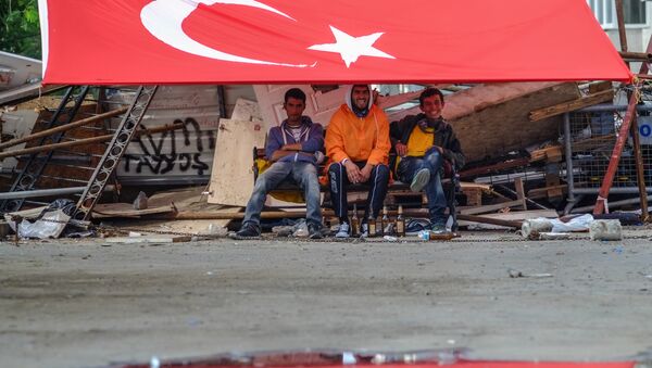 Молодые люди сидят под флагом Турции. Архивное фото