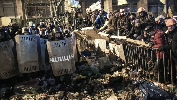 Сотрудники правоохранительных органов Украины у баррикад на евромайдане . Архивное фото
