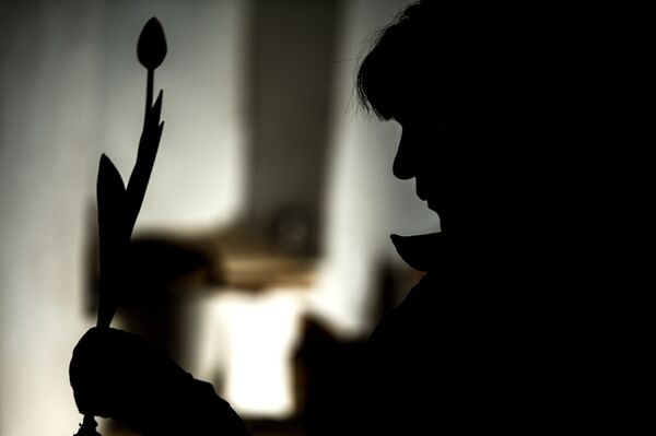 Работник теплицы с тюльпаном в теплице ЗАО Трест зеленого хозяйства в Великом Новгороде