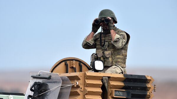 Турецкий солдат наблюдает в бинокль на турецко-сирийской границе