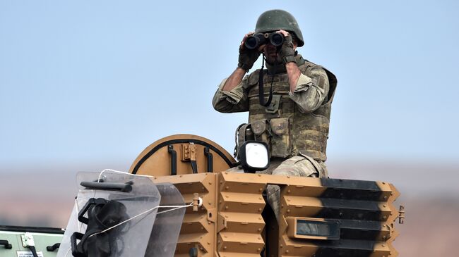 Турецкий солдат наблюдает в бинокль на турецко-сирийский границе. Архивное фото