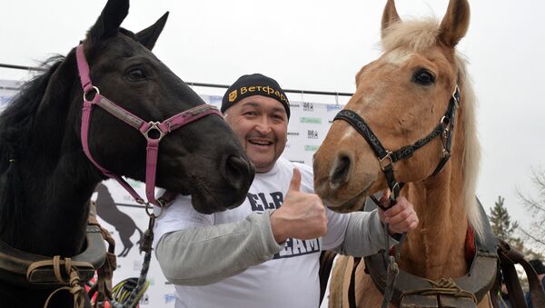Челябинский силач Эльбрус Нигматуллин совершил уникальный трюк с удерживанием двух коней. Архивное фото