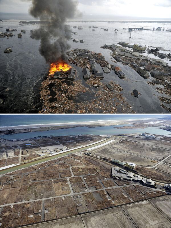 Снимок последствий цунами 11 марта 2011 (вверху) и снимок 15 февраля 2016 (внизу) в Японии