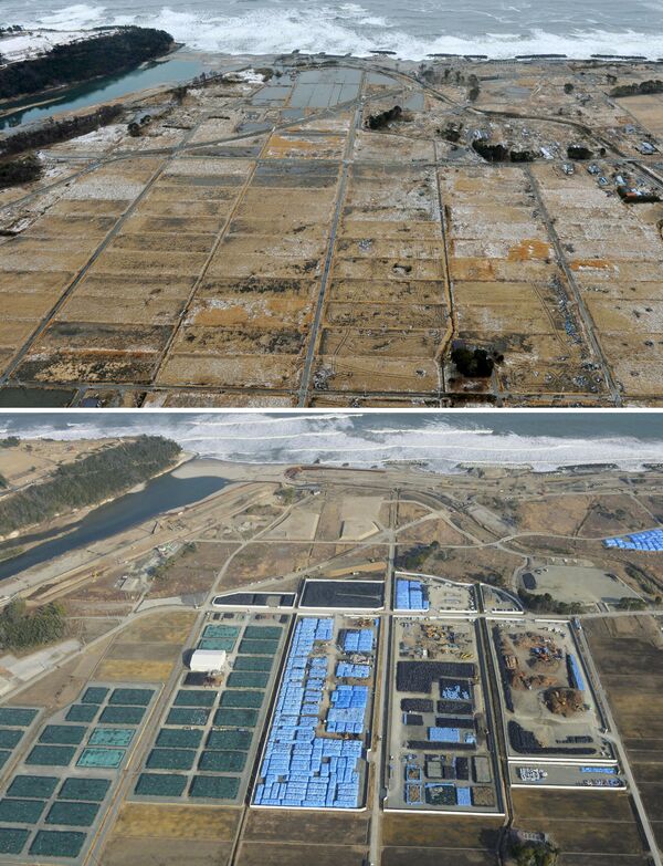 Снимок последствий цунами 26 февраля 2012 (вверху) и снимок 12 февраля 2016 (внизу) в Японии