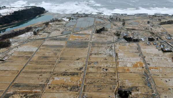 Снимок последствий цунами 26 февраля 2012 (вверху) и снимок 12 февраля 2016 (внизу) в Японии