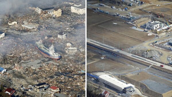 Снимок последствий цунами 12 марта 2011 (слева) и снимок 16 февраля 2016 (справа) в Японии