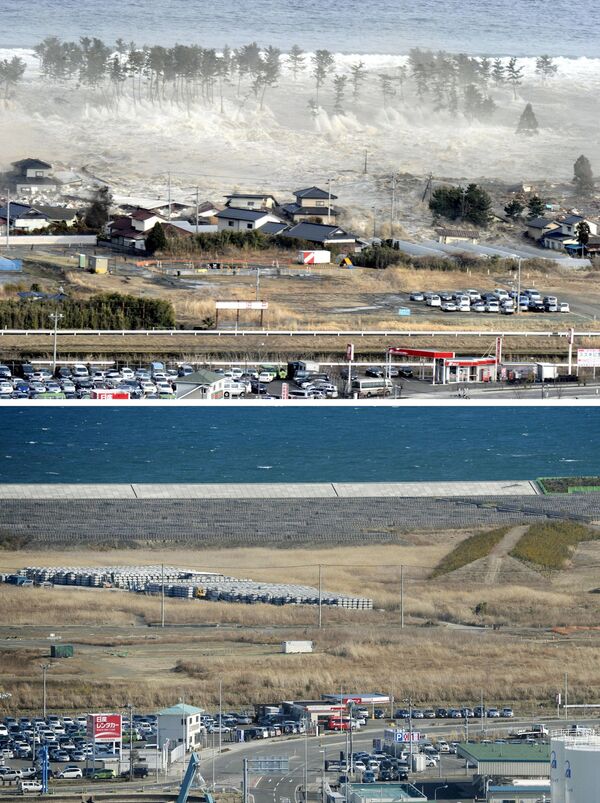 Снимок последствий цунами 11 марта 2011 (вверху) и снимок 18 февраля 2016 (внизу) в Японии