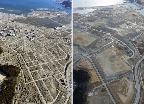 Снимок последствий цунами 5 апреля 2011 (слева) и снимок 16 февраля 2016 (справа) в Японии