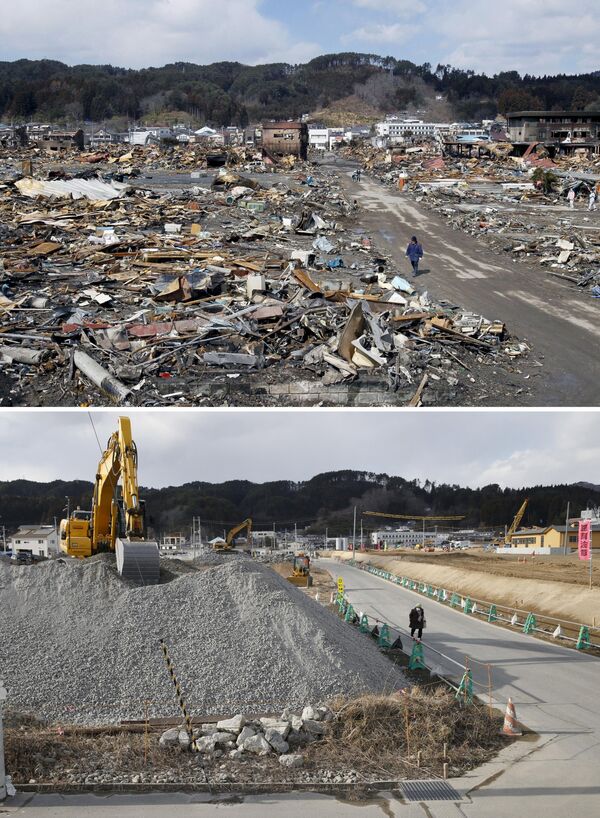 Снимок последствий цунами 17 марта 2011 (вверху) и снимок 3 февраля 2016 (внизу) в Японии