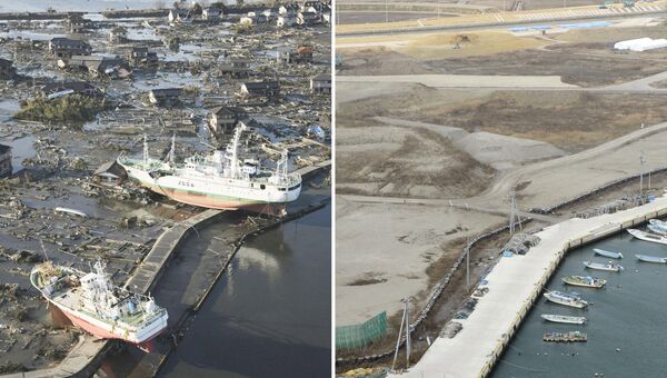 Снимок последствий цунами 12 марта 2011 (слева) и снимок 4 марта 2016 (справа) в Японии
