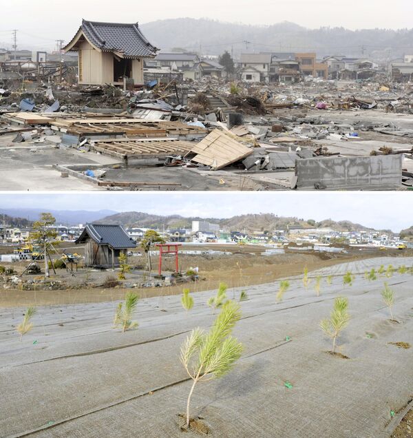 Снимок последствий цунами 27 апреля 2011 (вверху) и снимок 14 февраля 2016 (внизу) в Японии