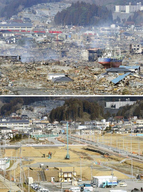 Снимок последствий цунами 17 марта 2011 (вверху) и снимок 17 января 2016 (внизу) в Японии