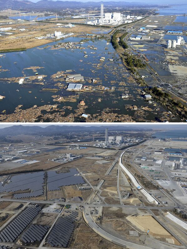 Снимок последствий цунами 12 марта 2011 (вверху) и снимок 2 марта 2016 (внизу) в Японии