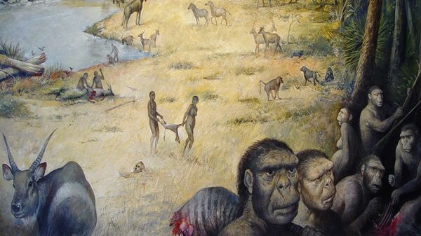 Так художник представил себе первых Homo habilis в Олдувайском ущелье