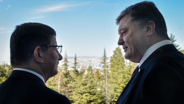 Президент Украины Петр Порошенко (справа) во время встречи с премьер-министром Турции Ахметом Давутоглу в Анкаре