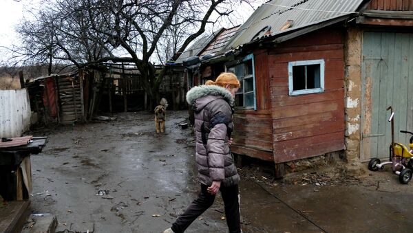 Девушка во дворе своего дома в поселке Зайцево под Горловкой, который был обстрелян украинскими силовиками