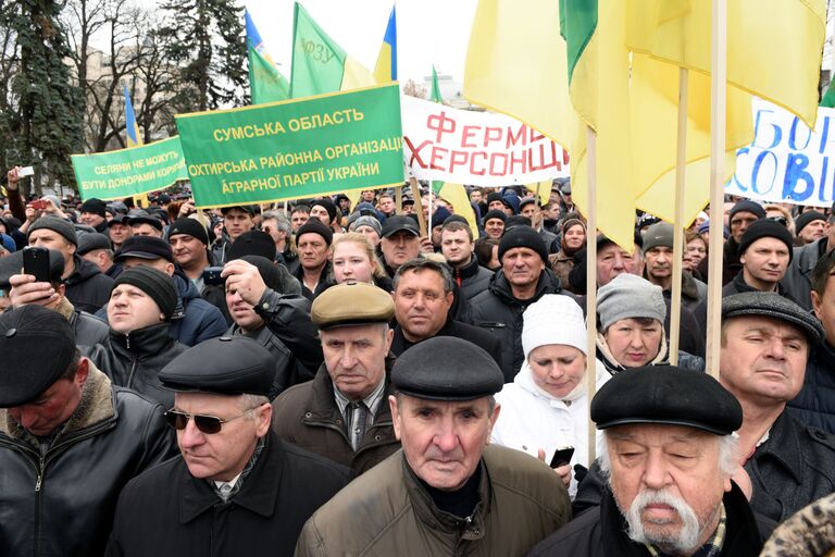 Участник акции протеста у здания Верховной рады в Киеве, которую проводят аграрии