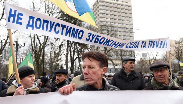 Участник акции протеста у здания Верховной рады в Киеве, которую проводят аграрии