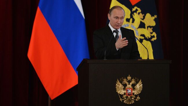 Президент РФ Владимир Путин выступает на расширенном заседании коллегии МВД РФ