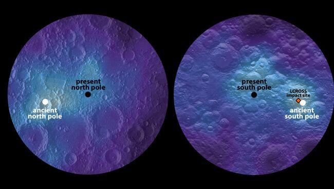 Запасы льда на современных полюсах Луны – их неправильное положение указывает на сдвиги оси