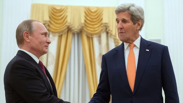 Президент России Владимир Путин и государственный секретарь США Джон Керри во время встречи в Москве. 24 марта 2016