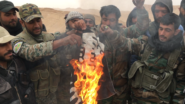 Сирийские солдаты сжигают флаг террористической группировки Исламское государство (запрещенная в РФ), снятый с крепости Пальмиры