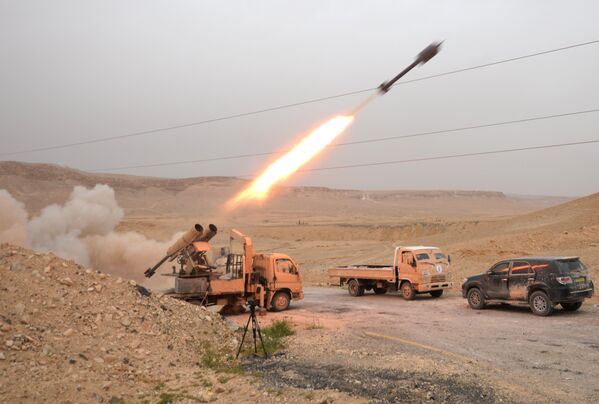 Бойцы Сирийской арабской армии и отряда народного ополчения Соколы пустыни обстреливают позиции боевиков в районе Пальмиры
