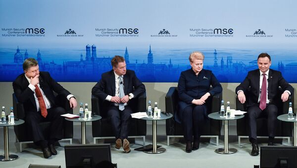 Президент Украины Петр Порошенко, генеральный секретарь НАТО Йенс Столтенберг, президент Литвы Даля Грибаускайте, президент Польши Анджей Дуда (слева направо)