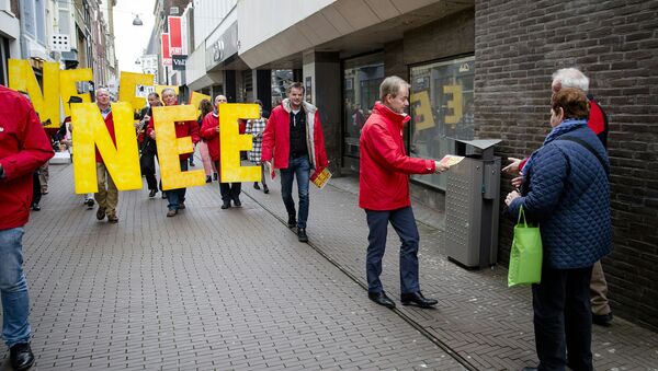 Демонстрация противников ратификации соглашения об ассоциации между Евросоюзом и Украиной перед референдумом в Гааге, Нидерланды. Архивное фото