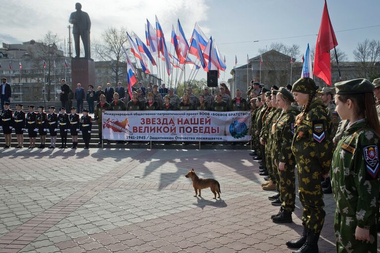 Участники митинга, посвященного автомаршу Звезда нашей великой Победы, на площади Ленина в Симферополе