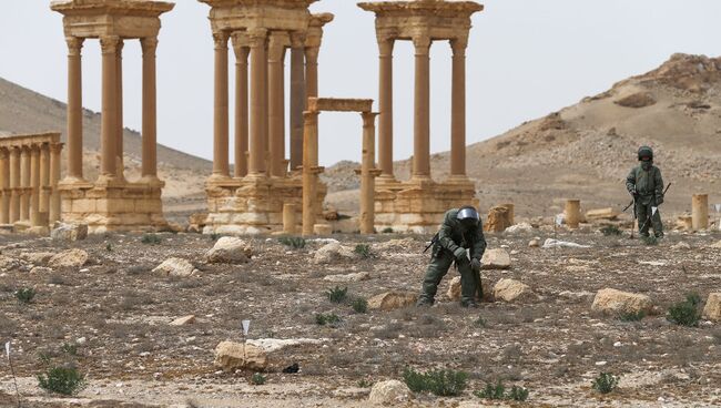 Разминирование исторической части и окрестностей Пальмиры Разминирование исторической части и окрестностей Пальмиры сводным отрядом Международного противоминного центра Вооруженных Сил Российской Федерации. Архивное фото