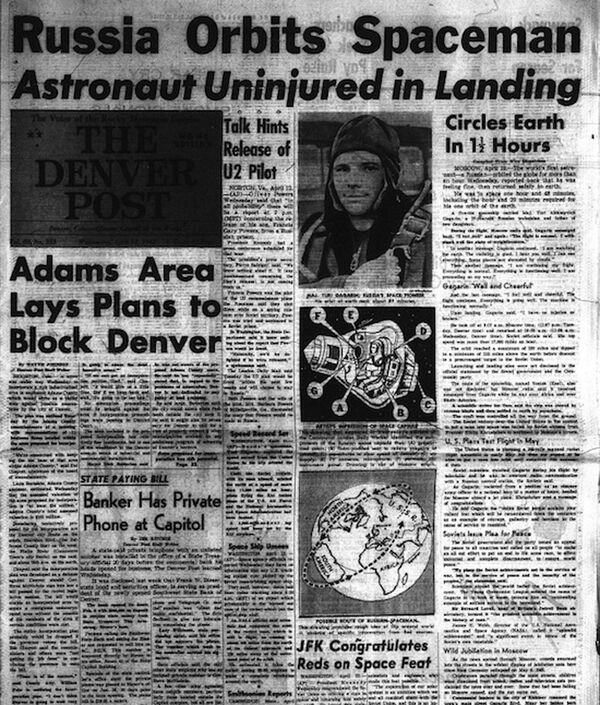 Первая полоса газеты Denver Post с фотографией Юрия Гагарина Первая полоса газеты Denver Post с фотографией Юрия Гагарина