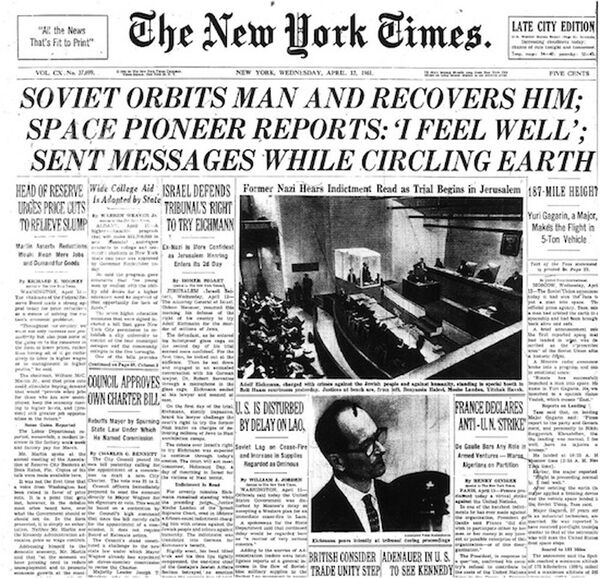 Первая полоса газеты The New York Times с сообщением о полете Юрия Гагарина Первая полоса газеты The New York Times с сообщением о полете Юрия Гагарина