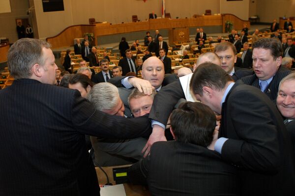 Лидер ЛДПР Владимир Жириновский с коллегами на пленарном заседании Государственной Думы