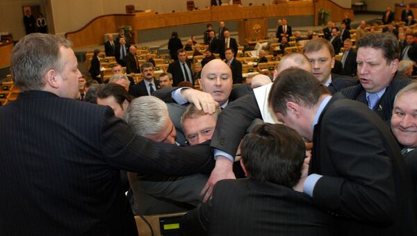 Лидер ЛДПР Владимир Жириновский с коллегами на пленарном заседании Государственной Думы