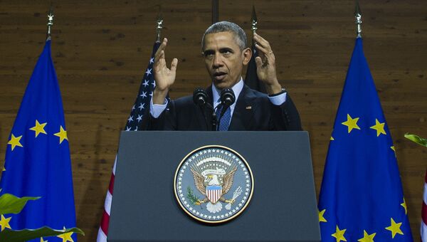 Президент США Барак Обама во время выступления в Ганновере, Германия. 25 апреля 2016.