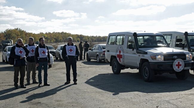 Представители Международного комитета Красного Креста во время процедуры обмена между Луганской и Донецкой народными республиками и Киевом. Архивное фото