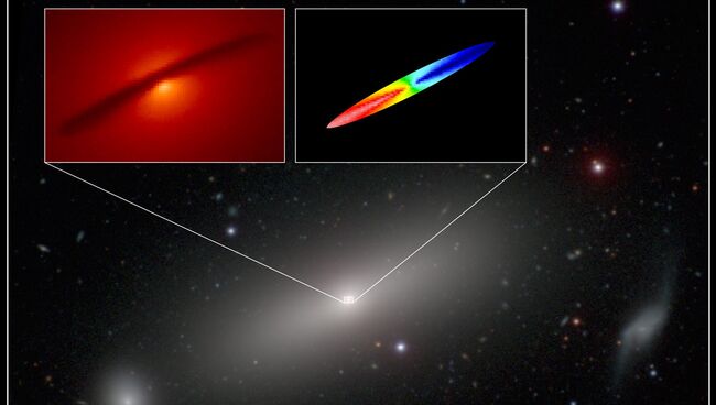 Фотография галактики NGC1332 с наложенной на нее картой движения молекул СО в ее центре