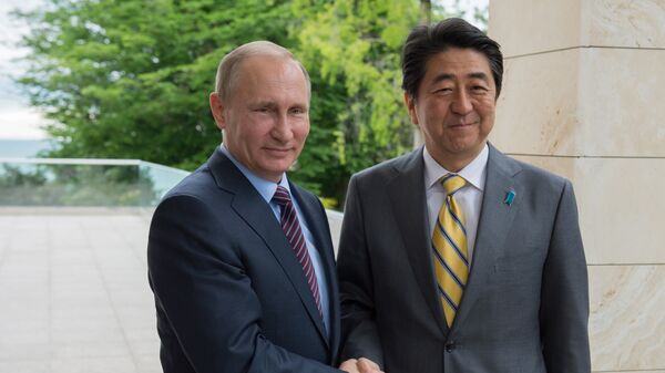 Президент России Владимир Путин и премьер-министр Японии Синдзо Абэ во время встречи в резиденции Бочаров ручей. Май 2016 